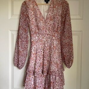 Floral V Neck, Long Sleeve, Tiered Mini Dress